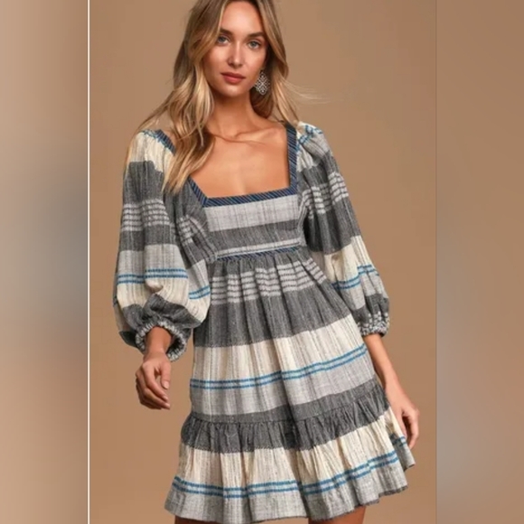 Free People Dresses & Skirts - FREE People All Lined Up Blue Multi Striped Puff Sleeve Mini Dress. Size Medium